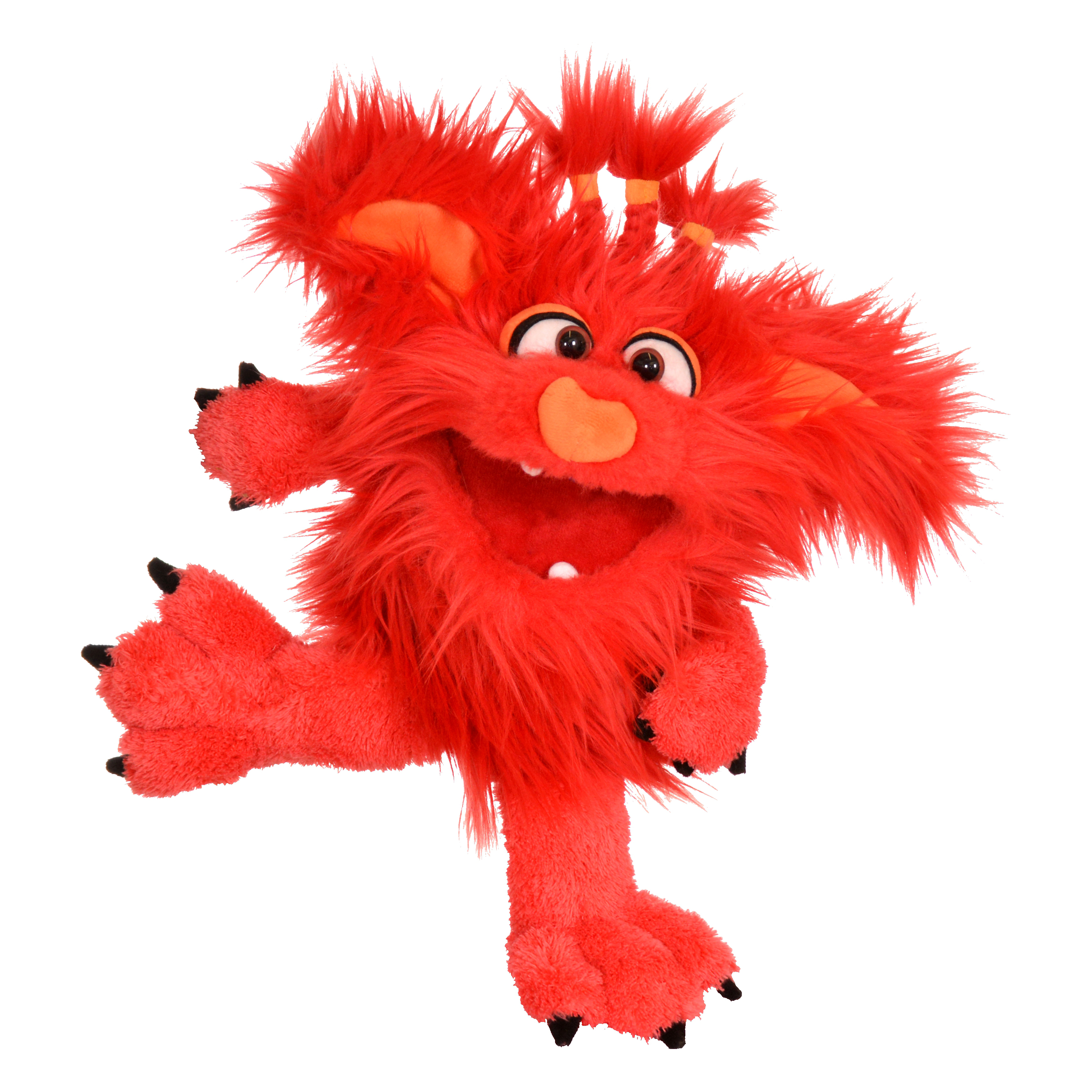Living Puppets hand puppet Schnute from the Monster to go series, red shaggy monster with orange ears and nose, in a stepping pose