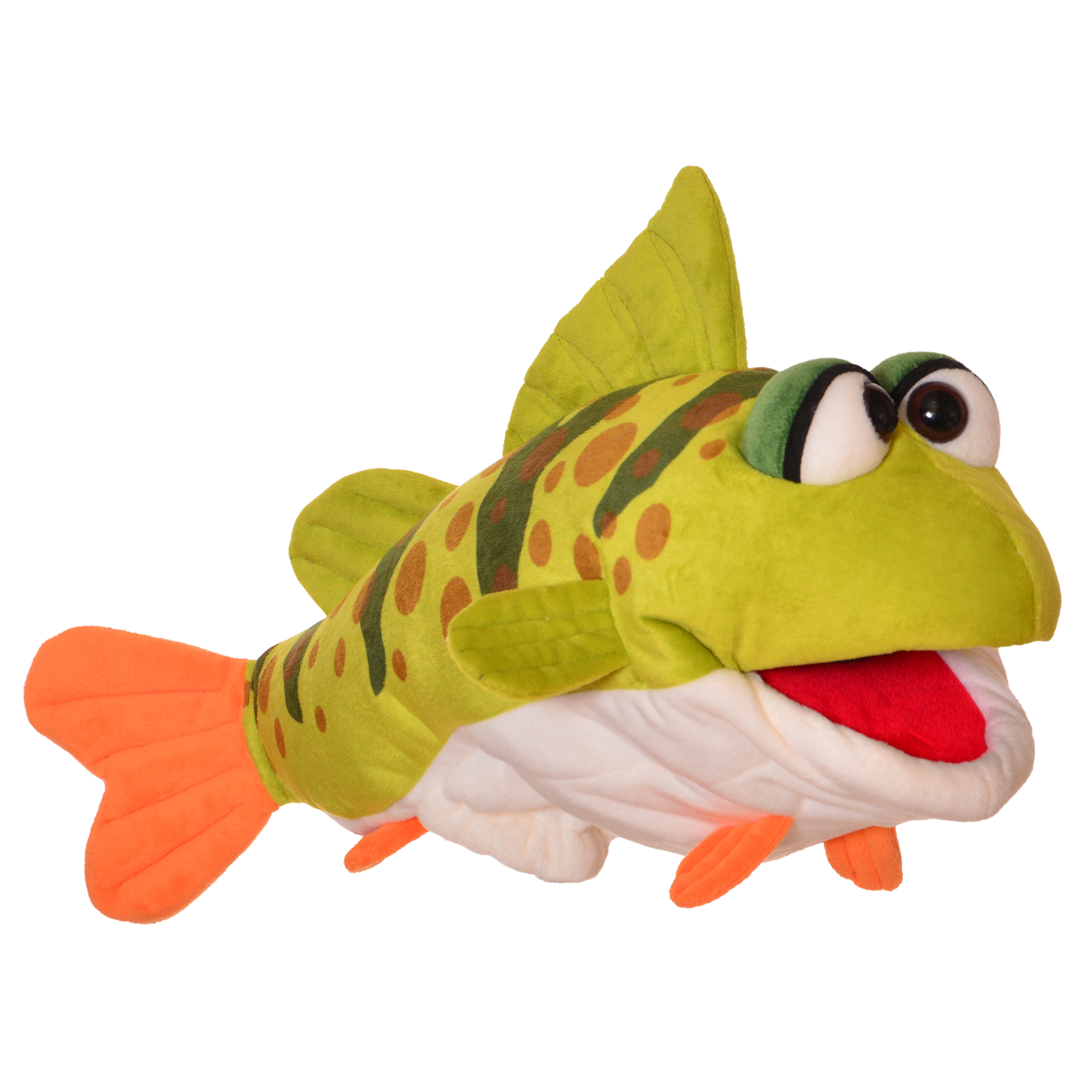 Living Puppets Snäppa the Perch hand puppet, green fish with orange spots and fins, white belly, large googly eyes and a wide open mouth, side view