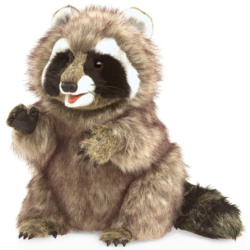 Folkmanis raccoon hand puppet with open mouth and raised paw, brown-grey fur with black facial mask