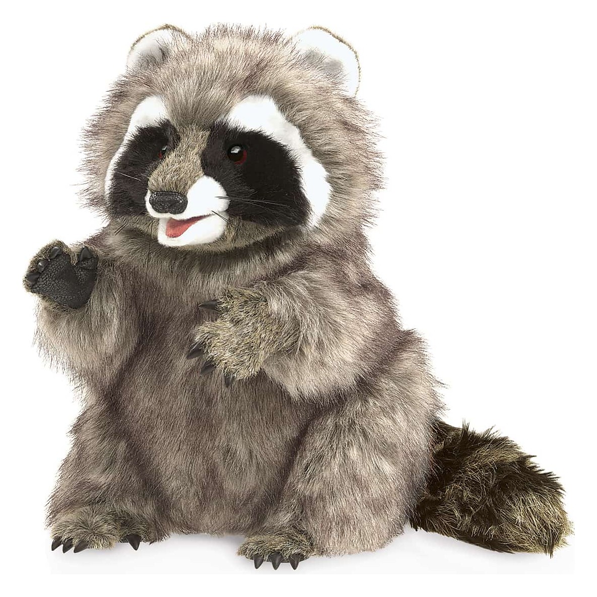 Folkmanis raccoon hand puppet with open mouth and raised paw, brown-grey fur with black facial mask