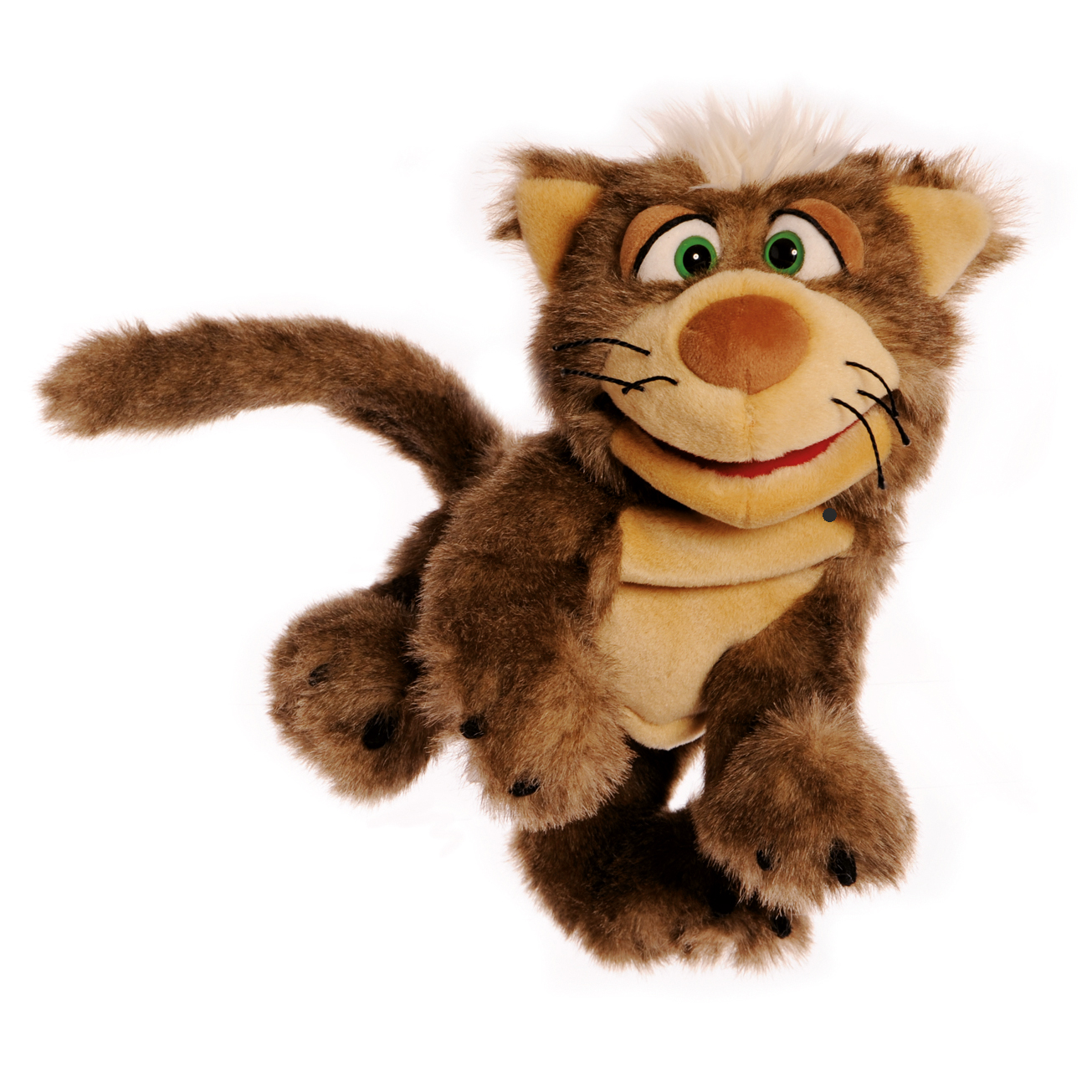 Living Puppets hand puppet tomcat Kolman with brown tabby fur, light muzzle and long tail in a playful pouncing pose