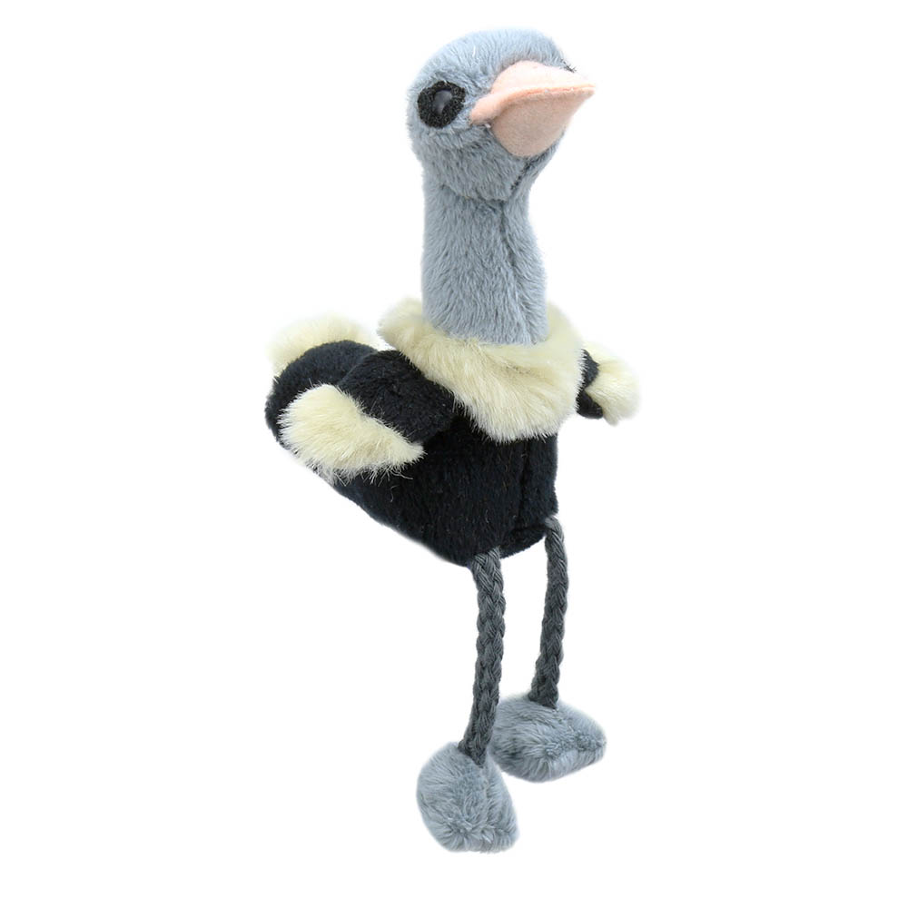 The Puppet Company finger puppet ostrich, grey and black puppet with a long neck and long fabric legs