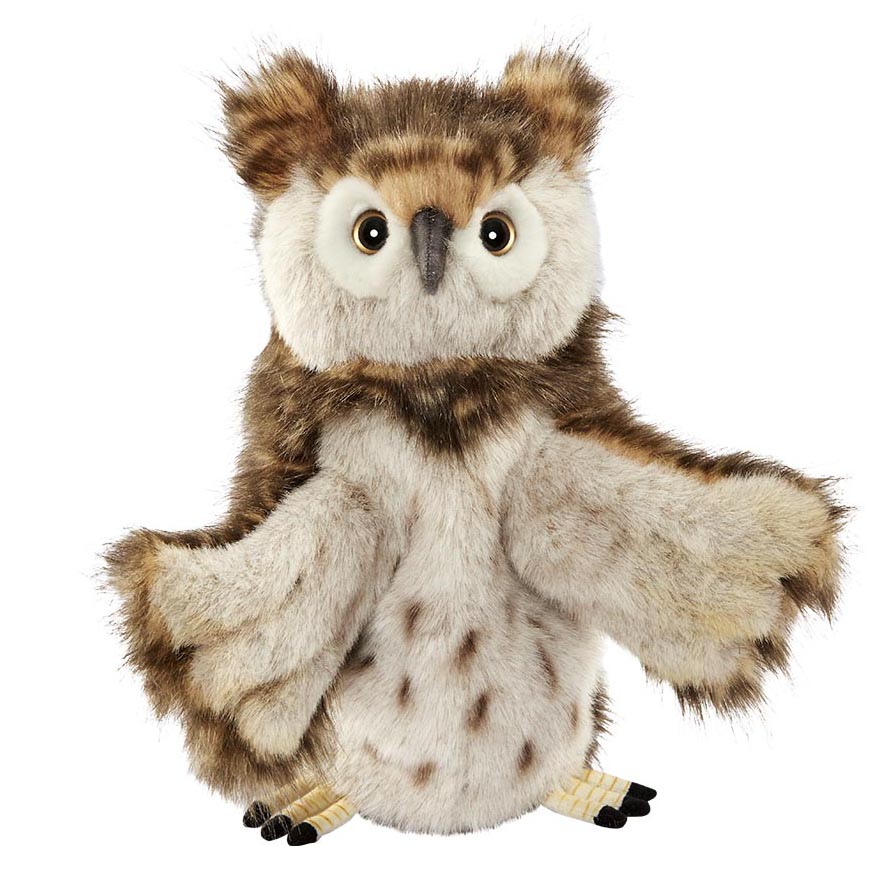 Owl hand puppet by Hansa Creation with brown-white speckled plumage, light eyes and spread wings