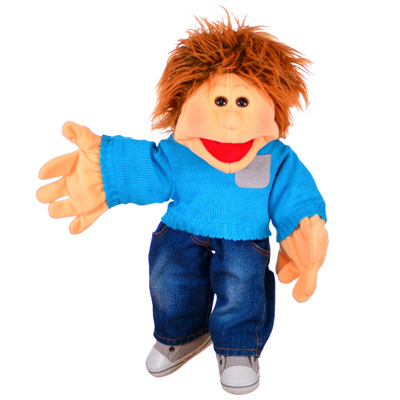 Living Puppets hand puppet Jo with tousled hair, turquoise knitted jumper and jeans