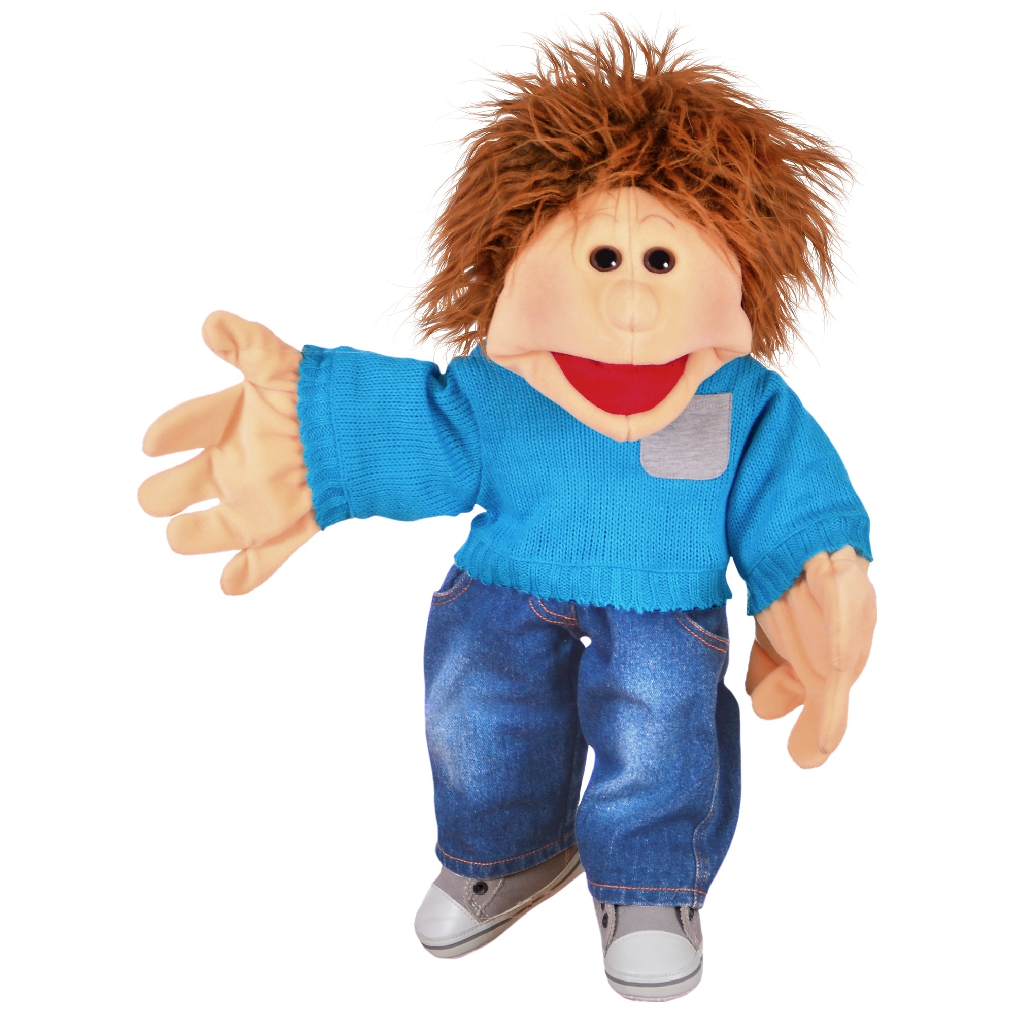 Living Puppets hand puppet Jo with tousled hair, turquoise knitted jumper and jeans