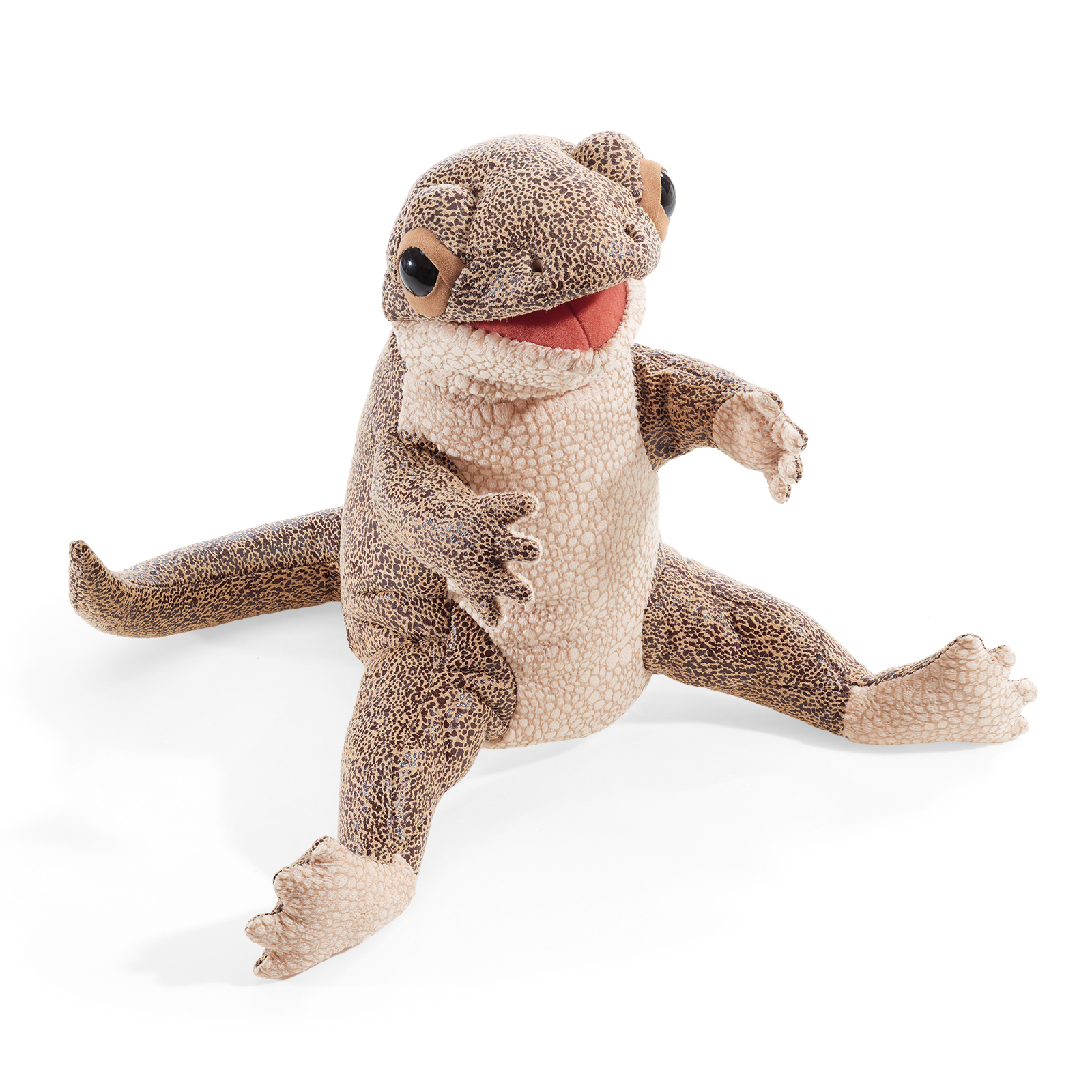 Folkmanis lizard hand puppet with a brown and beige scale pattern, open red mouth and outstretched legs, shown at an angle