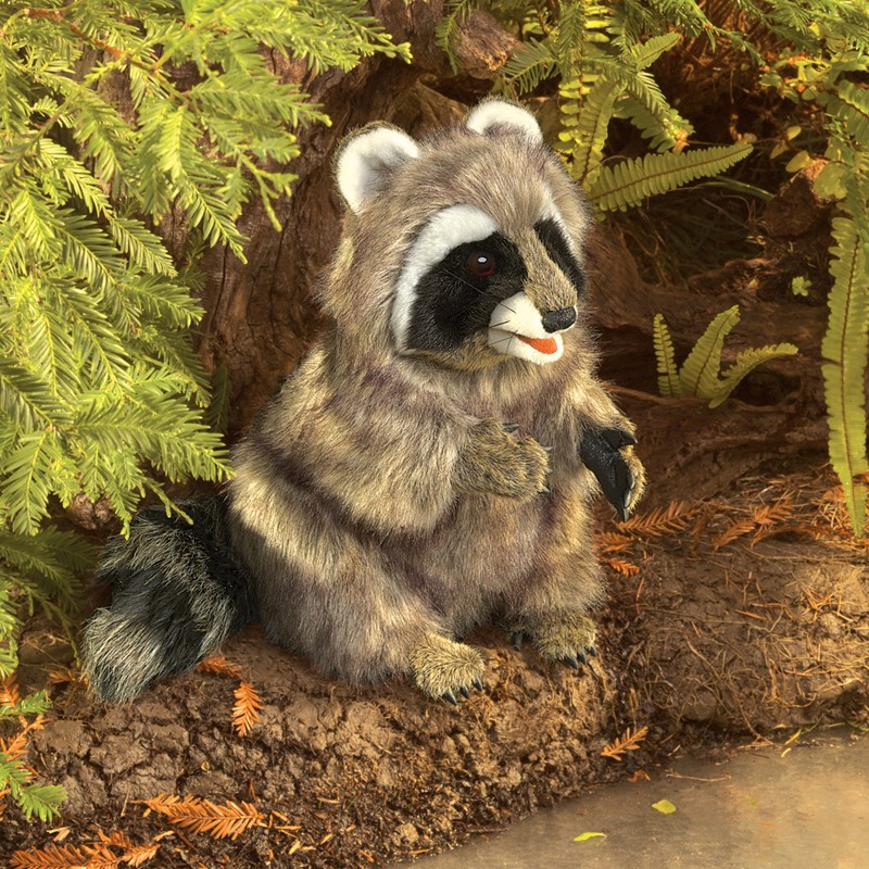 Folkmanis raccoon hand puppet with movable mouth, grey-brown fur and characteristic black face mask, sitting in front of tree roots
