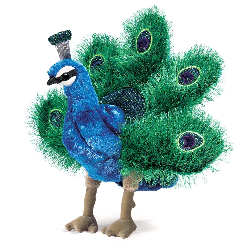 Folkmanis small peacock hand puppet with fanned green tail and blue plush body, side view