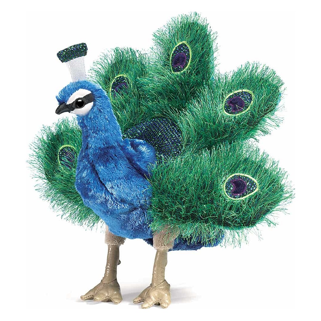Folkmanis small peacock hand puppet with fanned green tail and blue plush body, side view