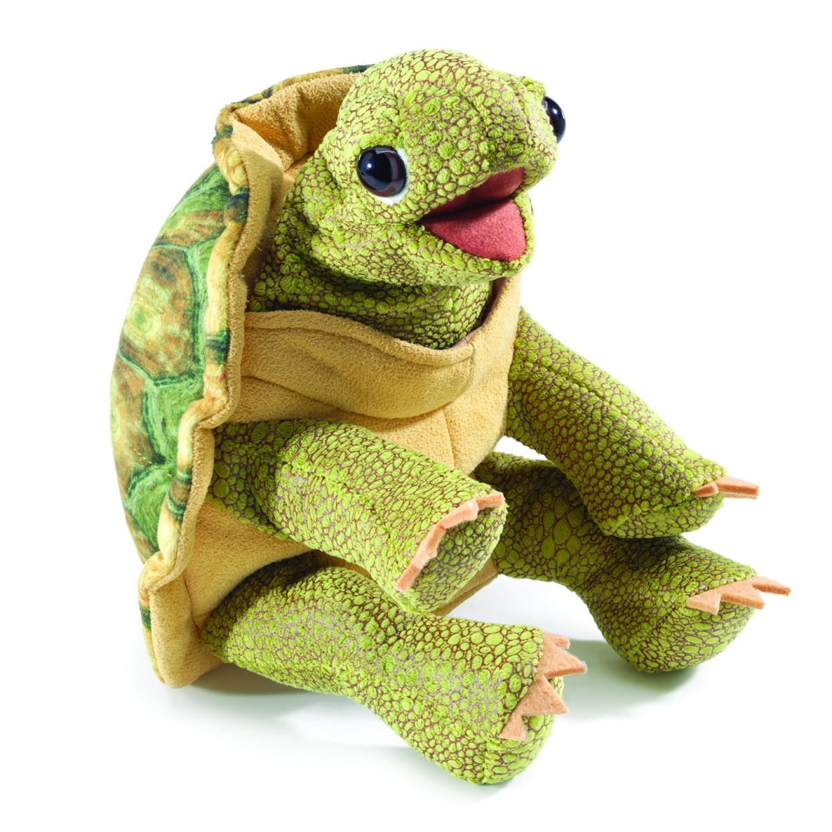 Folkmanis hand puppet standing tortoise with open mouth, green patterned plush body and openable shell, shown at an angle