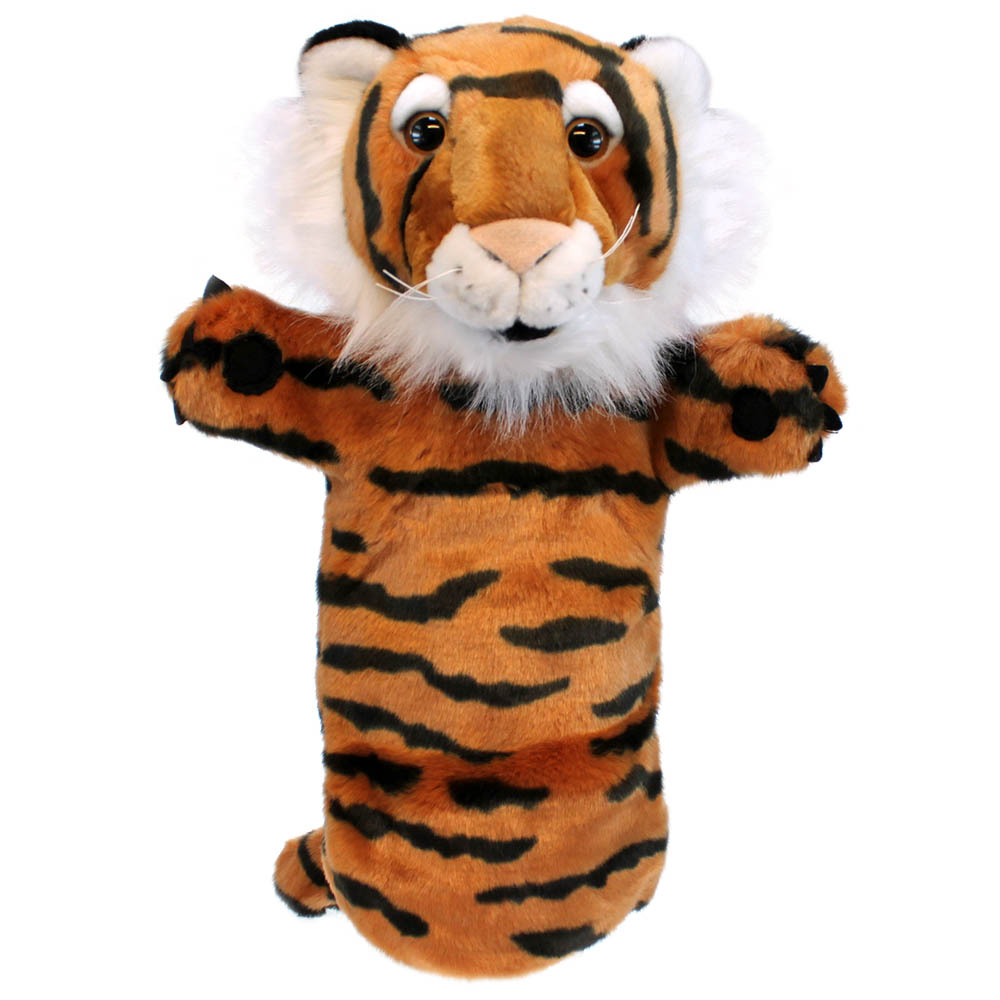 The Puppet Company baby hand puppet tiger, orange and black striped tiger puppet with white fur around the muzzle