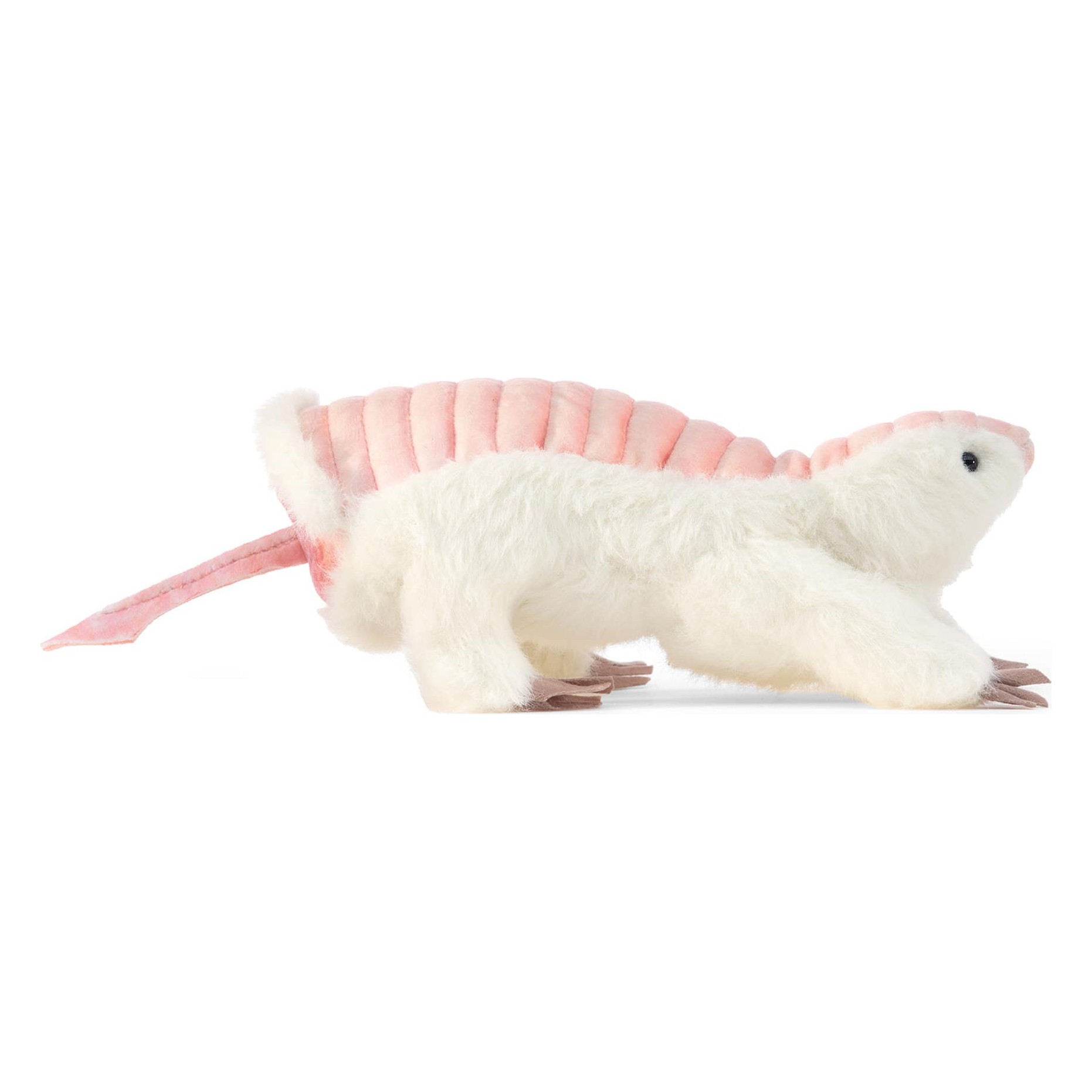 Folkmanis hand puppet pink fairy armadillo in side view, white plush fur with pink back shell and tail
