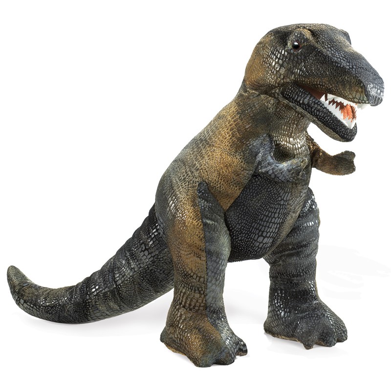 Folkmanis small Tyrannosaurus Rex hand puppet in angled view, olive-green and black scale pattern, open mouth with white teeth