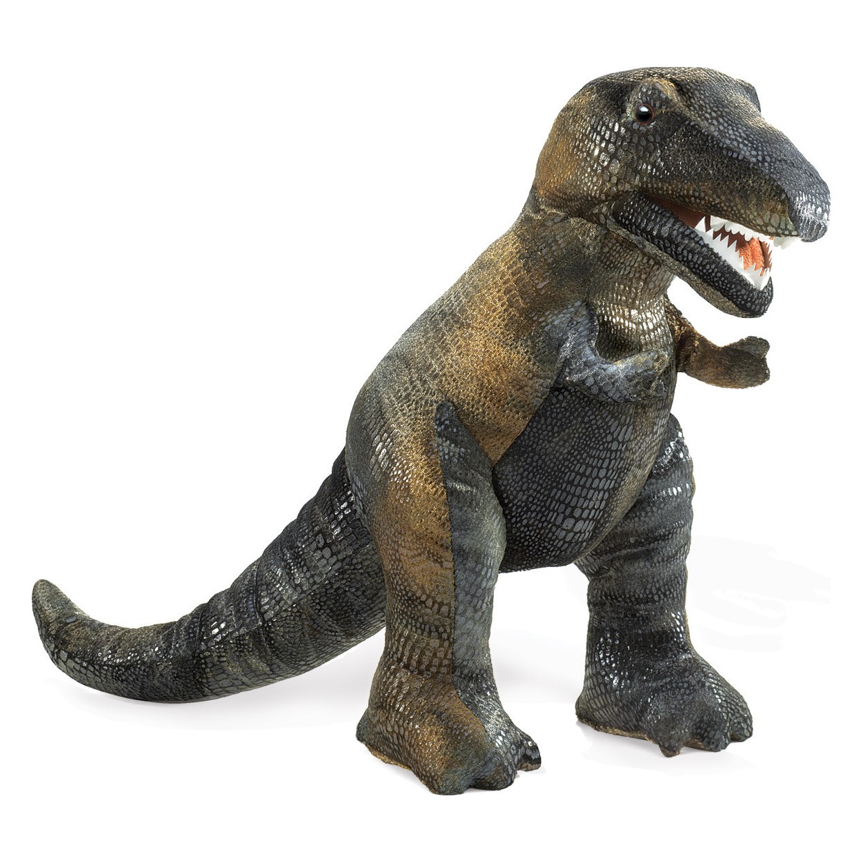 Folkmanis small Tyrannosaurus Rex hand puppet in angled view, olive-green and black scale pattern, open mouth with white teeth