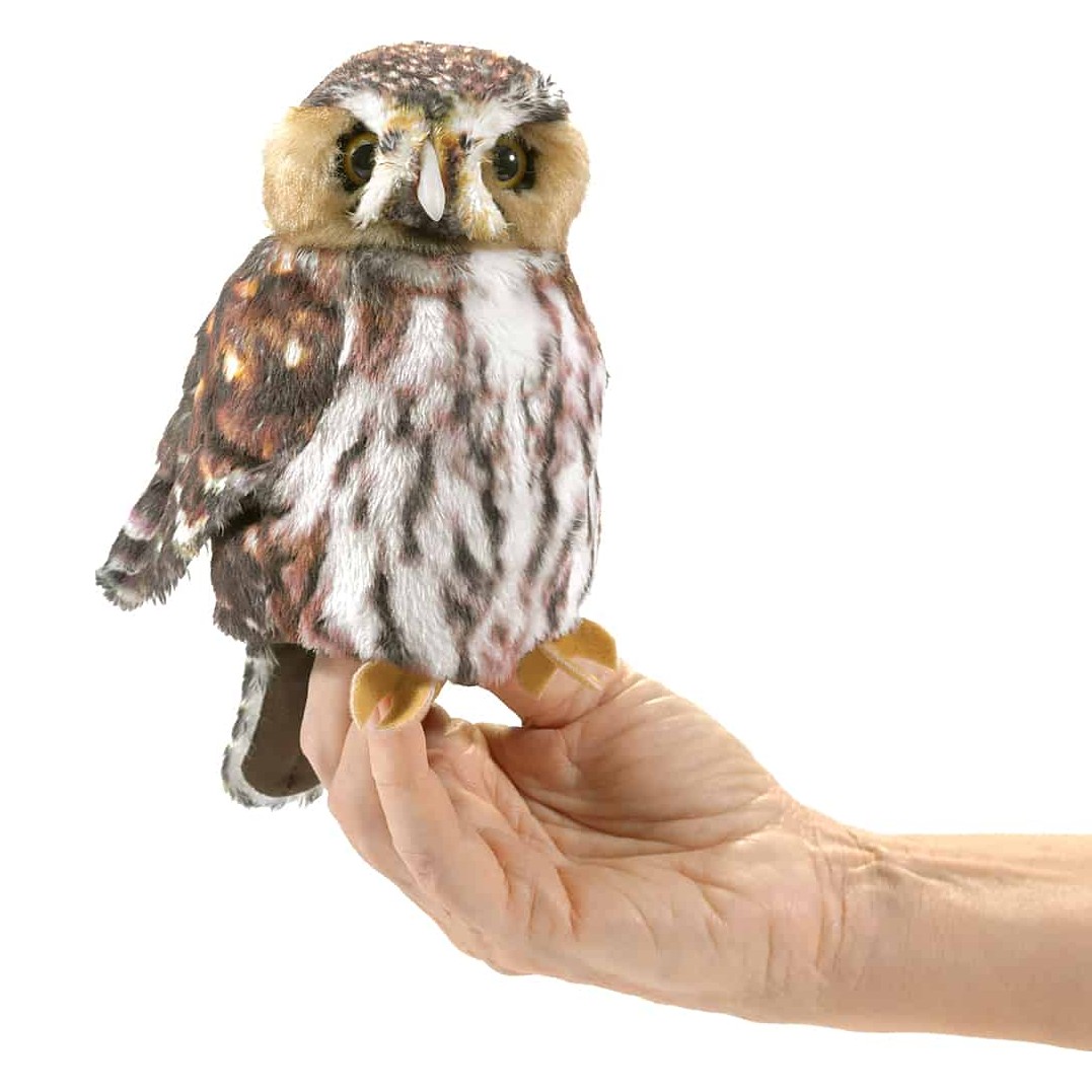 Folkmanis saw-whet owl finger puppet with brown and white spotted plumage, sitting on a hand, front view