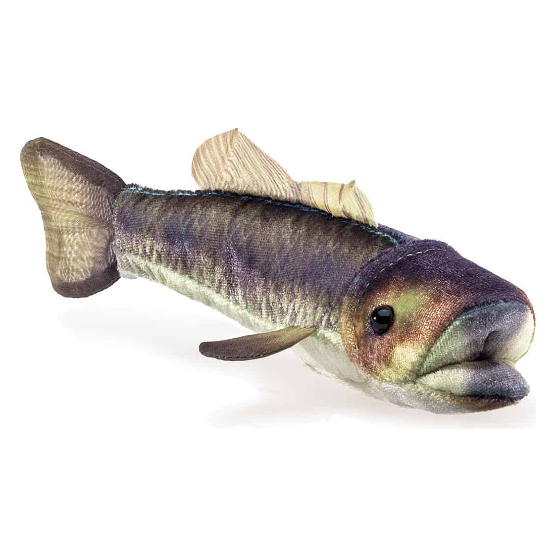 Folkmanis mini largemouth bass finger puppet shown from the side with realistic patterning in green, brown and purple