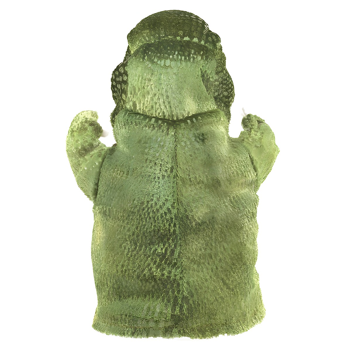 Folkmanis hand puppet small T-Rex in a green scale pattern, rear view with raised arms