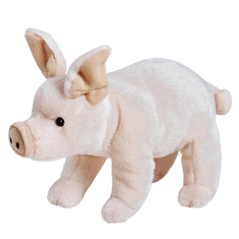 Pig plush toy by Anima in pink with folded ears and a curly tail, standing