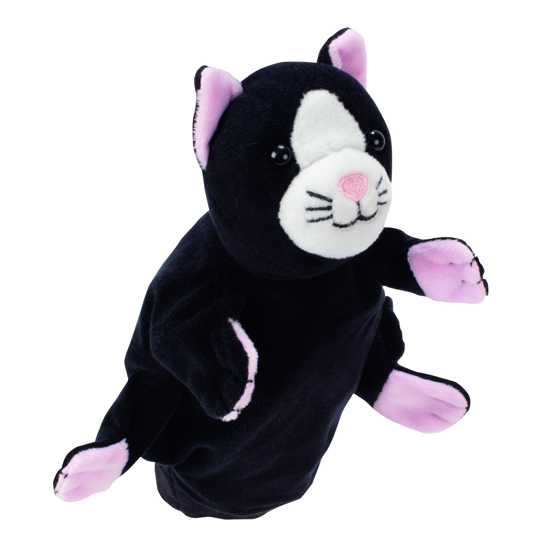 Beleduc hand puppet cat with black fur, a white muzzle and pink paws, front view
