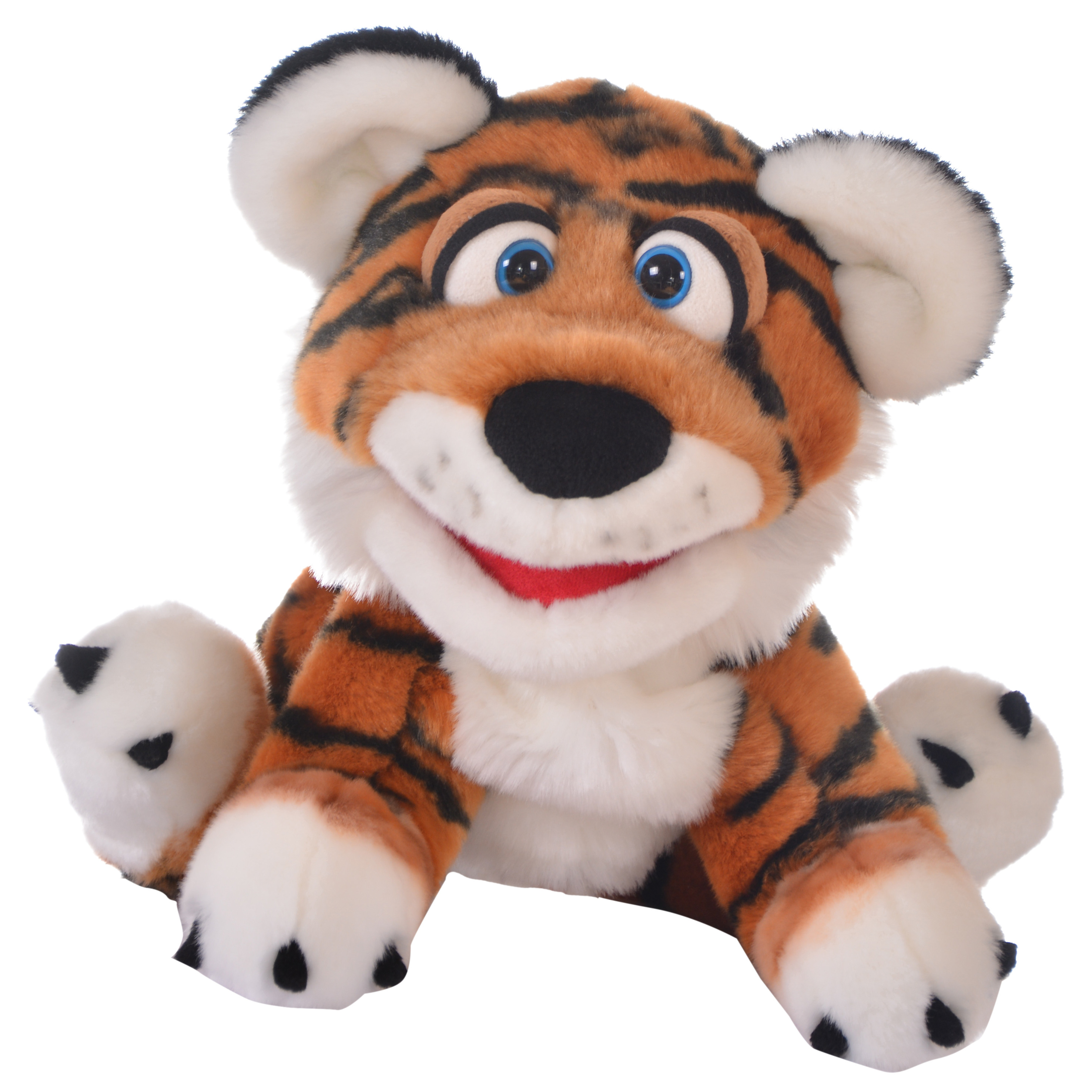 Living Puppets hand puppet Paco the tiger with orange and black striped fur, white paws and blue eyes, sitting, front view
