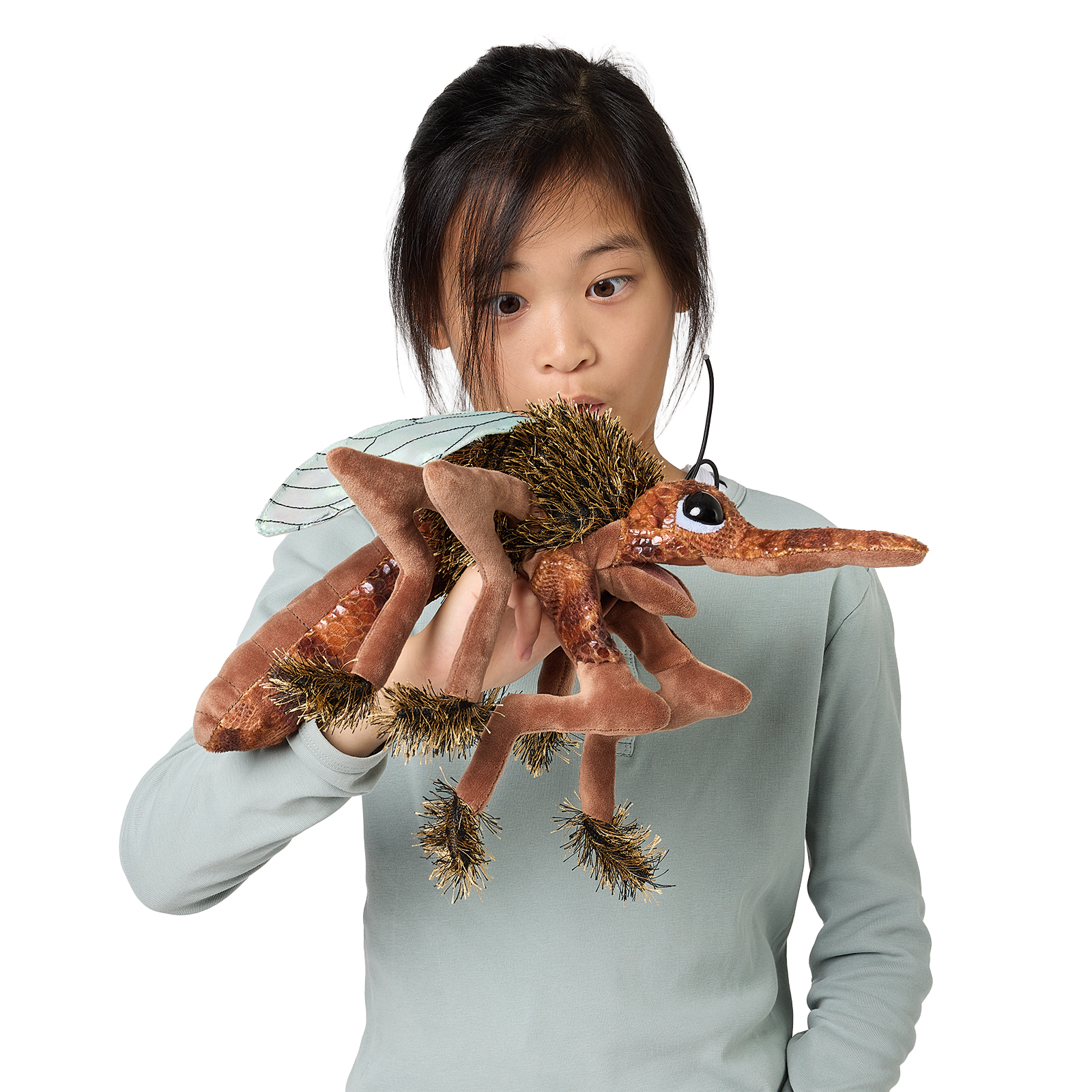 Folkmanis mosquito hand puppet in brown with golden bristles and transparent wings, operated on a child's hand