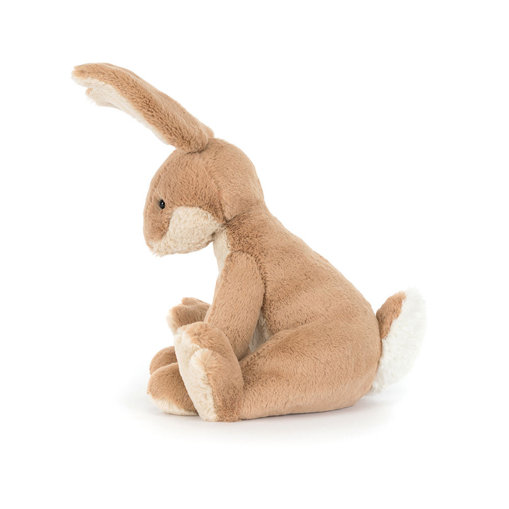 Jellycat plush toy hare Horticus Hare, sand-coloured plush toy with long upright ears, side view