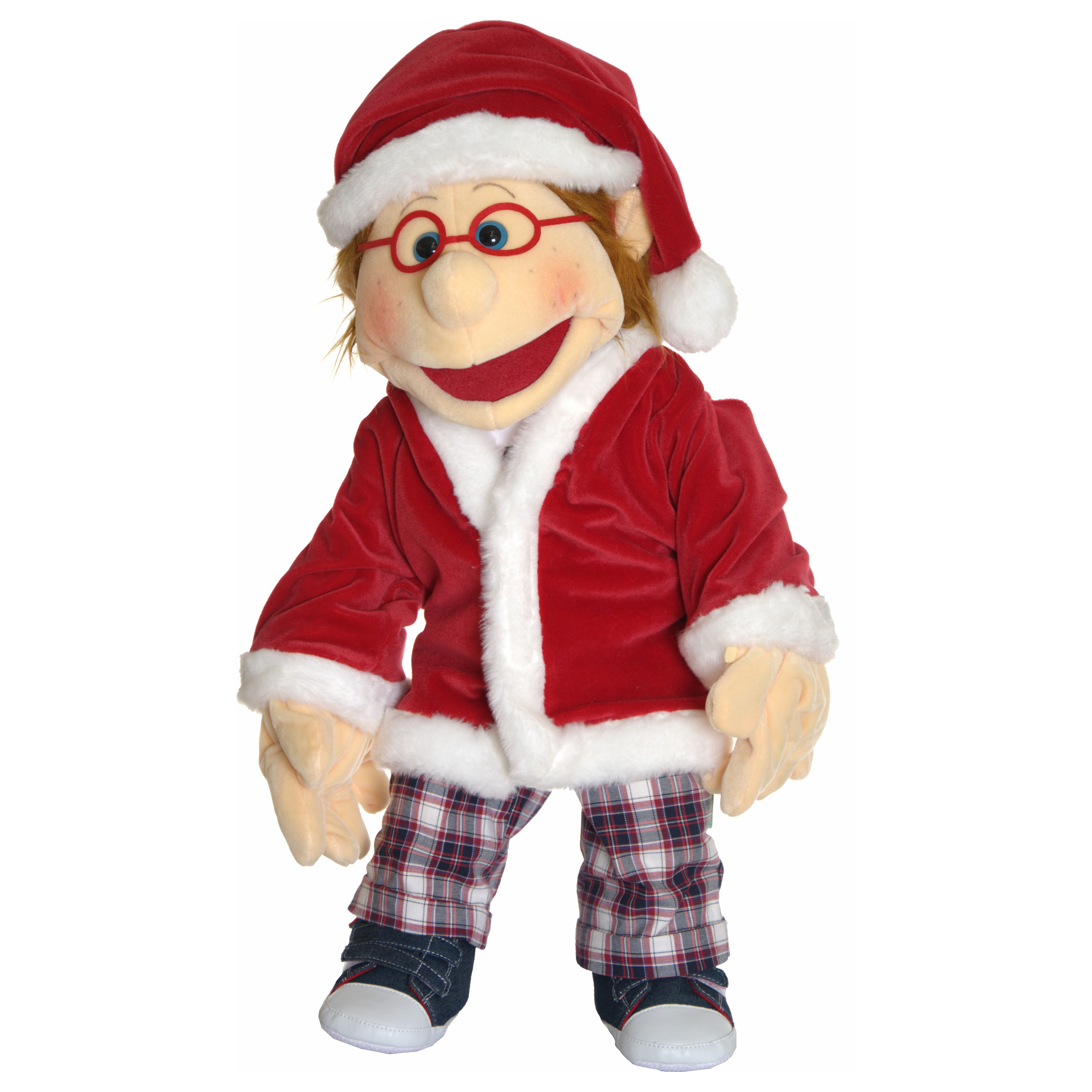 Living Puppets Santa clothing set for hand puppets, red jacket and hat with white plush trim, worn by a hand puppet