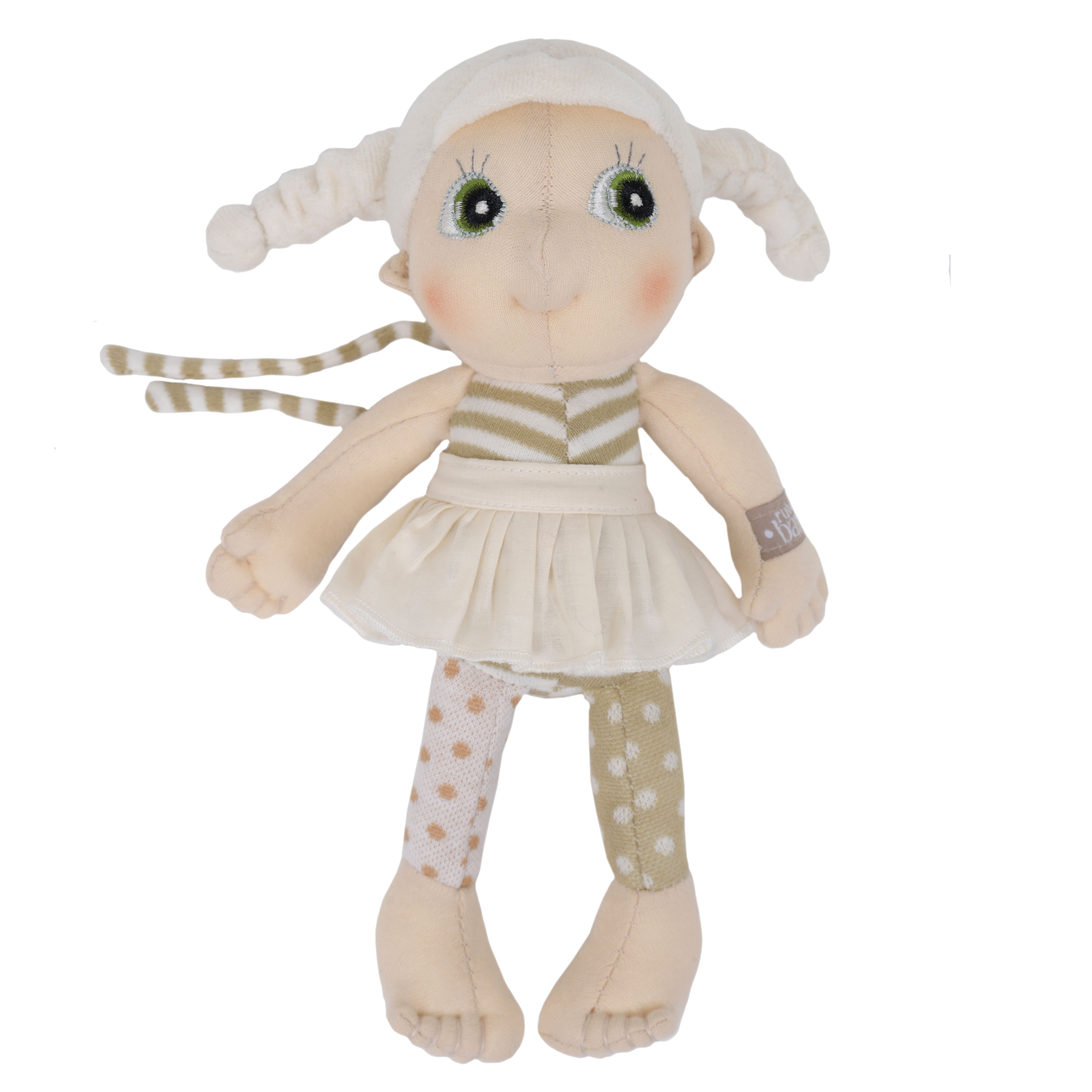 Rubens EcoBuds mini doll Lily with light pigtails, striped top and white skirt