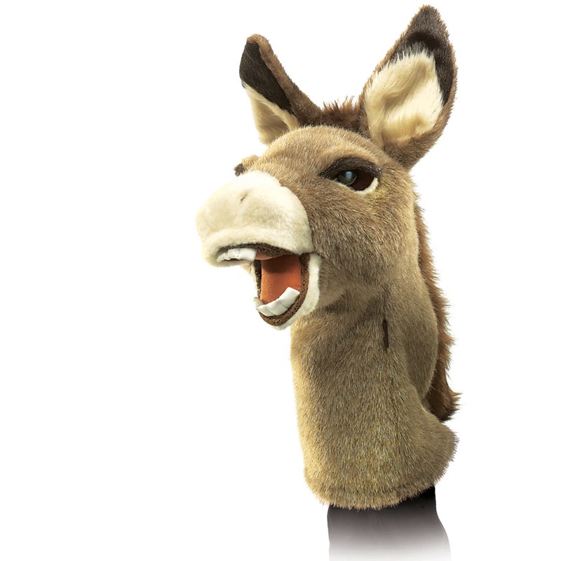 Folkmanis donkey hand puppet in side view with open mouth, brown-beige plush fur and large upright ears