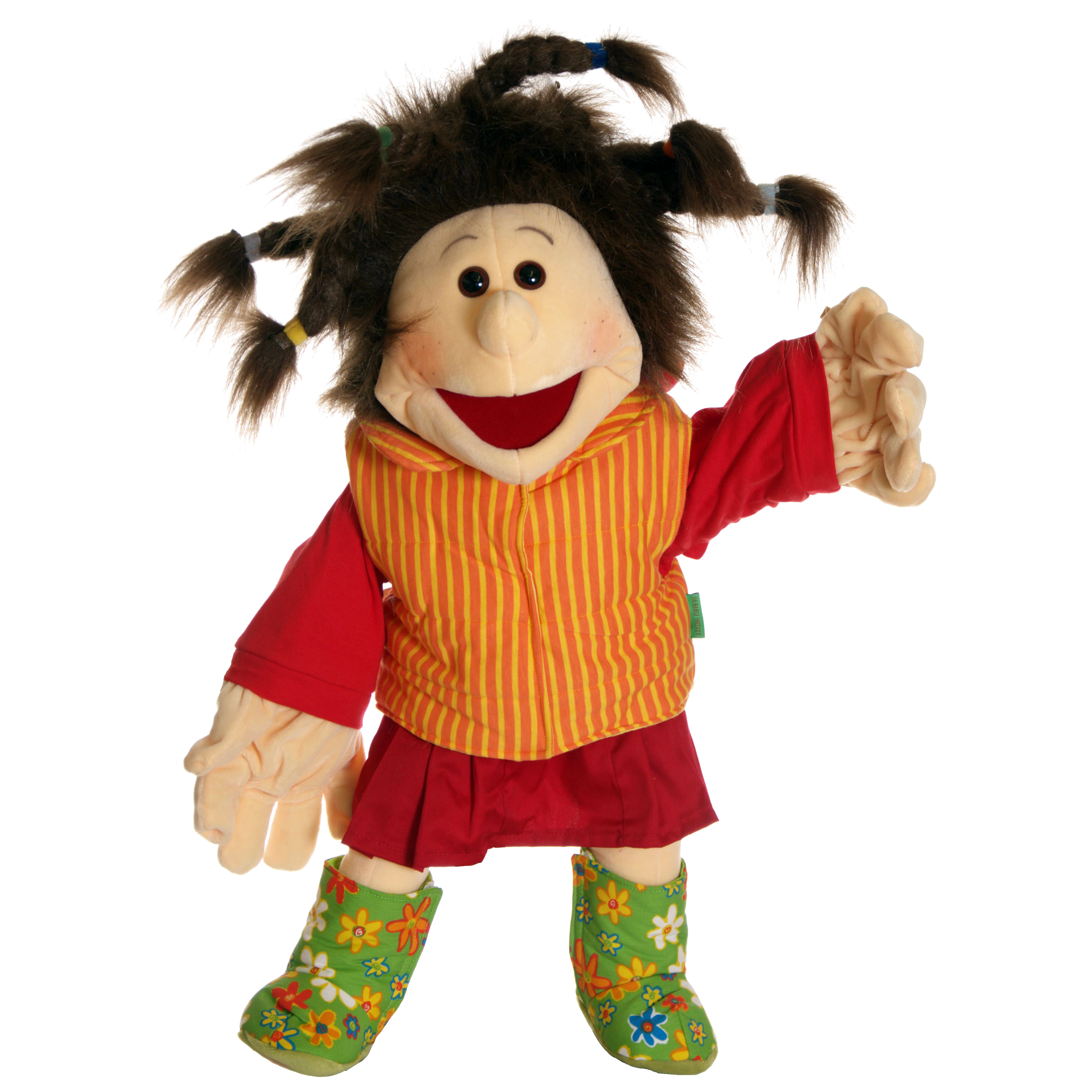 Living Puppets hand puppet Lene with dark pigtails, orange striped vest, red skirt and green flower-patterned boots, waving