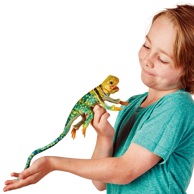 Folkmanis mini collared lizard finger puppet in green and yellow on a child's finger, long plush tail draped over the arm