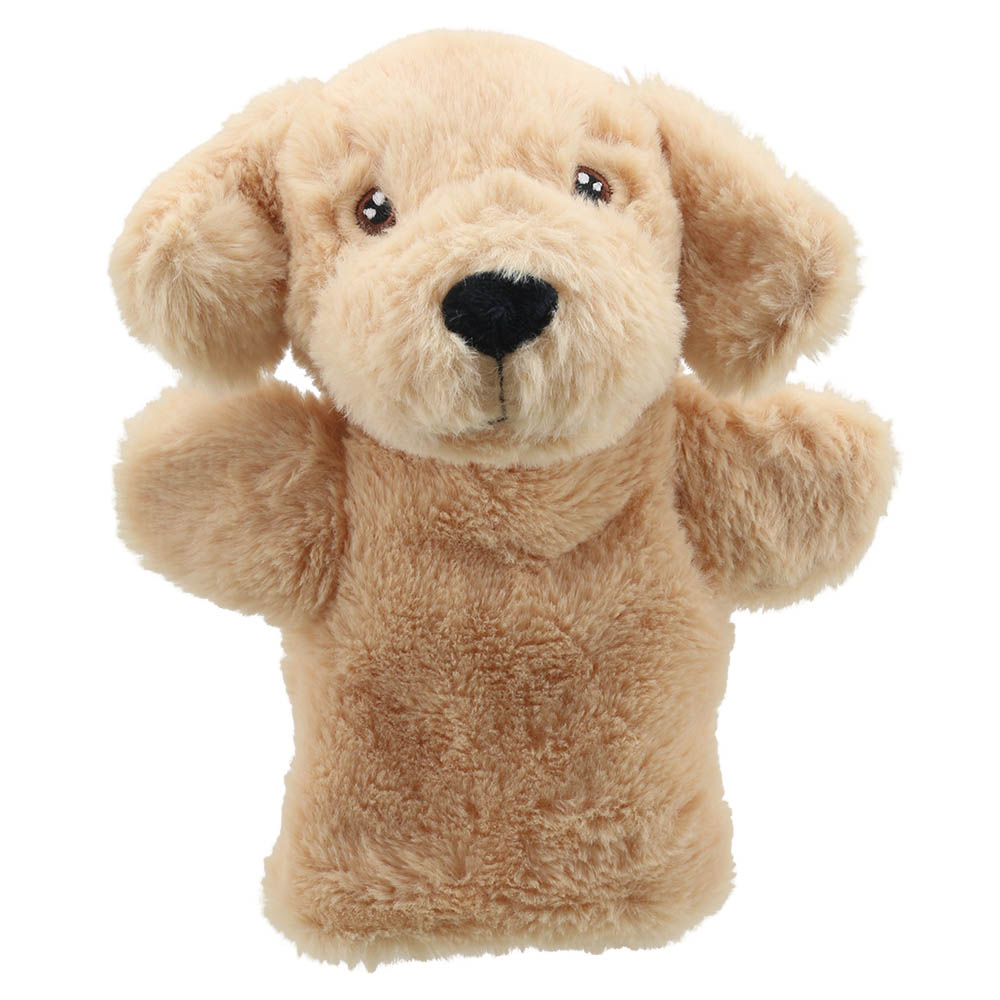 The Puppet Company baby hand puppet Labrador Retriever, beige dog puppet with floppy ears and a black nose, front view