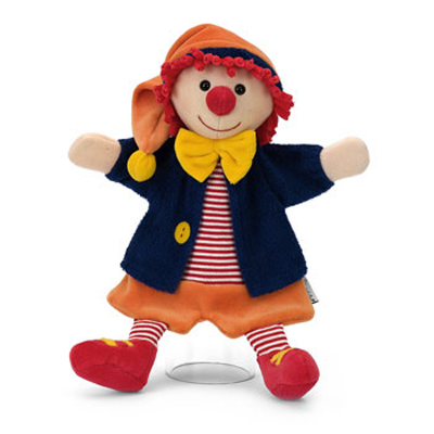 Sterntaler baby hand puppet clown, orange pointed hat, red nose, yellow bow tie and a navy jacket