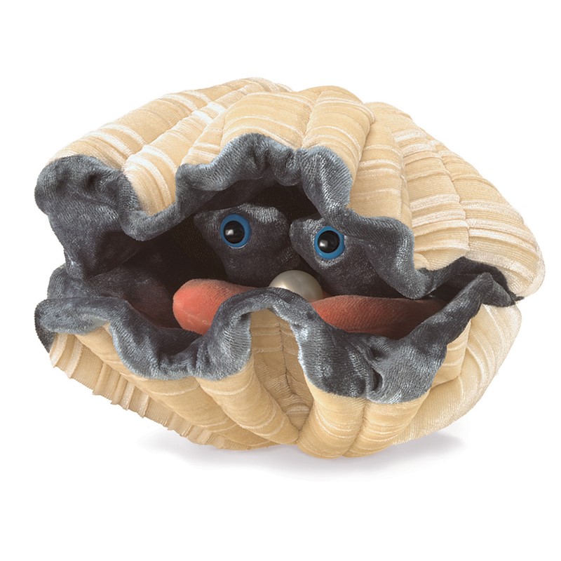 Folkmanis giant clam hand puppet with grey soft body, blue eyes and white pearl in an open beige shell