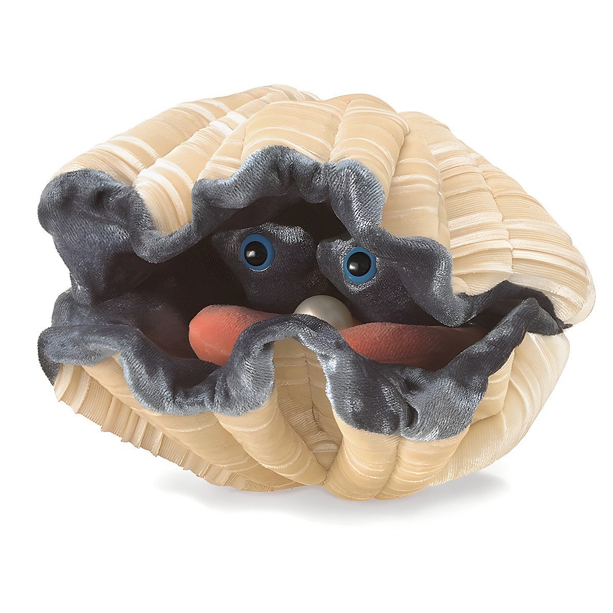Folkmanis giant clam hand puppet with grey soft body, blue eyes and white pearl in an open beige shell