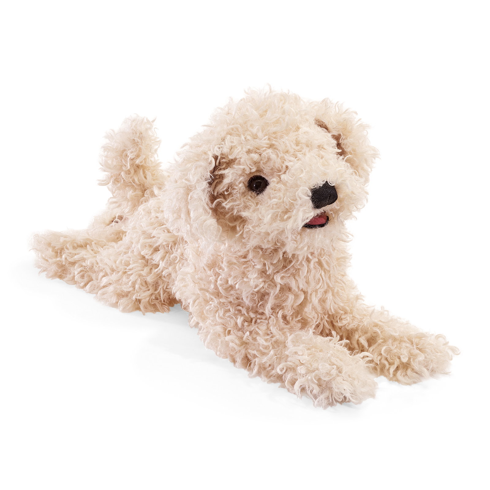 Folkmanis hand puppet white poodle puppy lying with open mouth and curly fur, shown at an angle