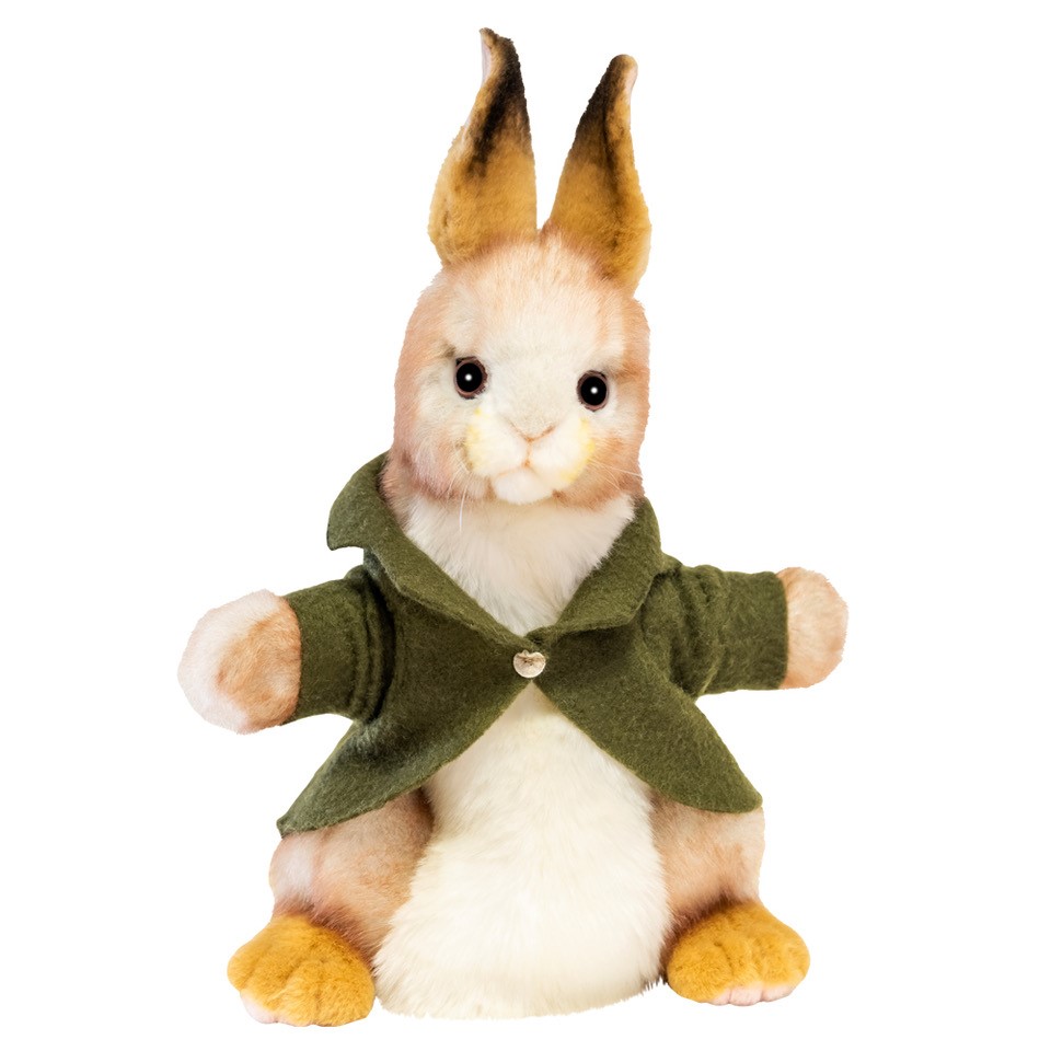 Rabbit hand puppet by Hansa Creation in a green jacket, with beige-white fur and upright ears