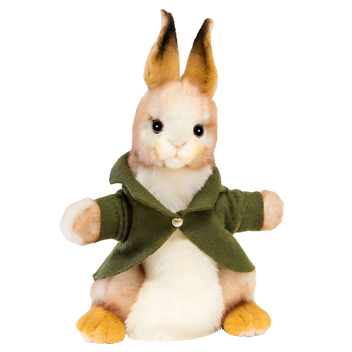 Rabbit hand puppet by Hansa Creation in a green jacket, with beige-white fur and upright ears