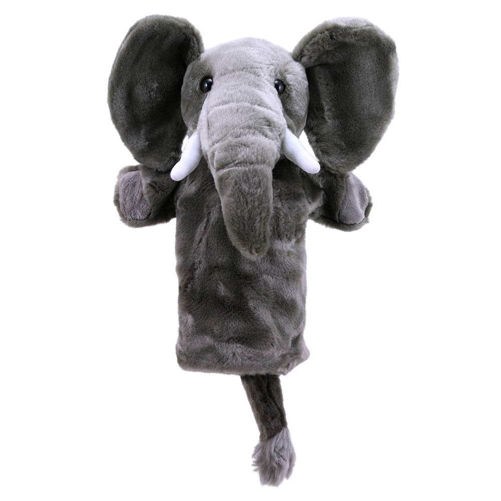 The Puppet Company baby hand puppet elephant, grey puppet with large ears and white tusks, front view
