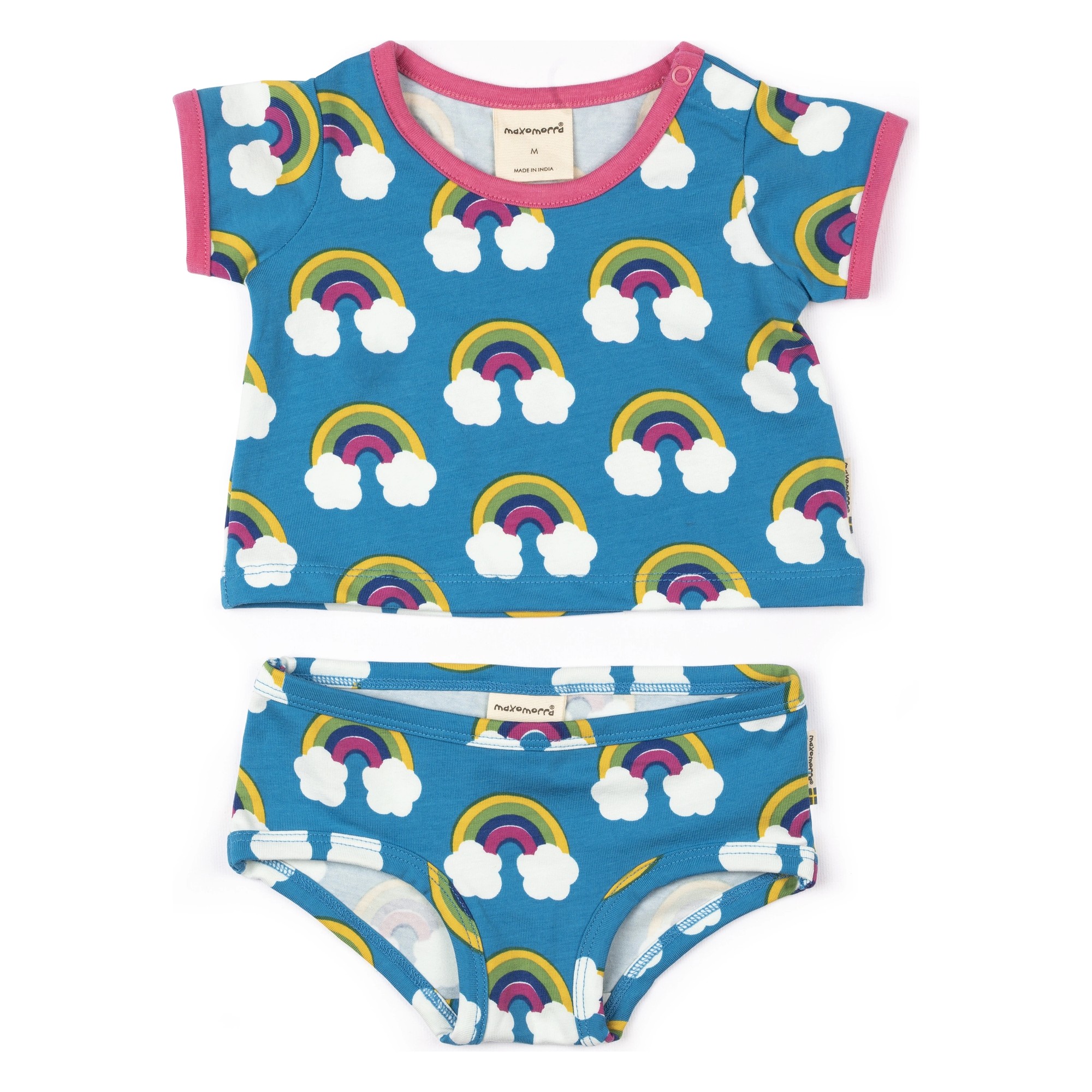 Maxomorra clothing set for Rubens Barn baby dolls: shirt and pants with rainbow pattern