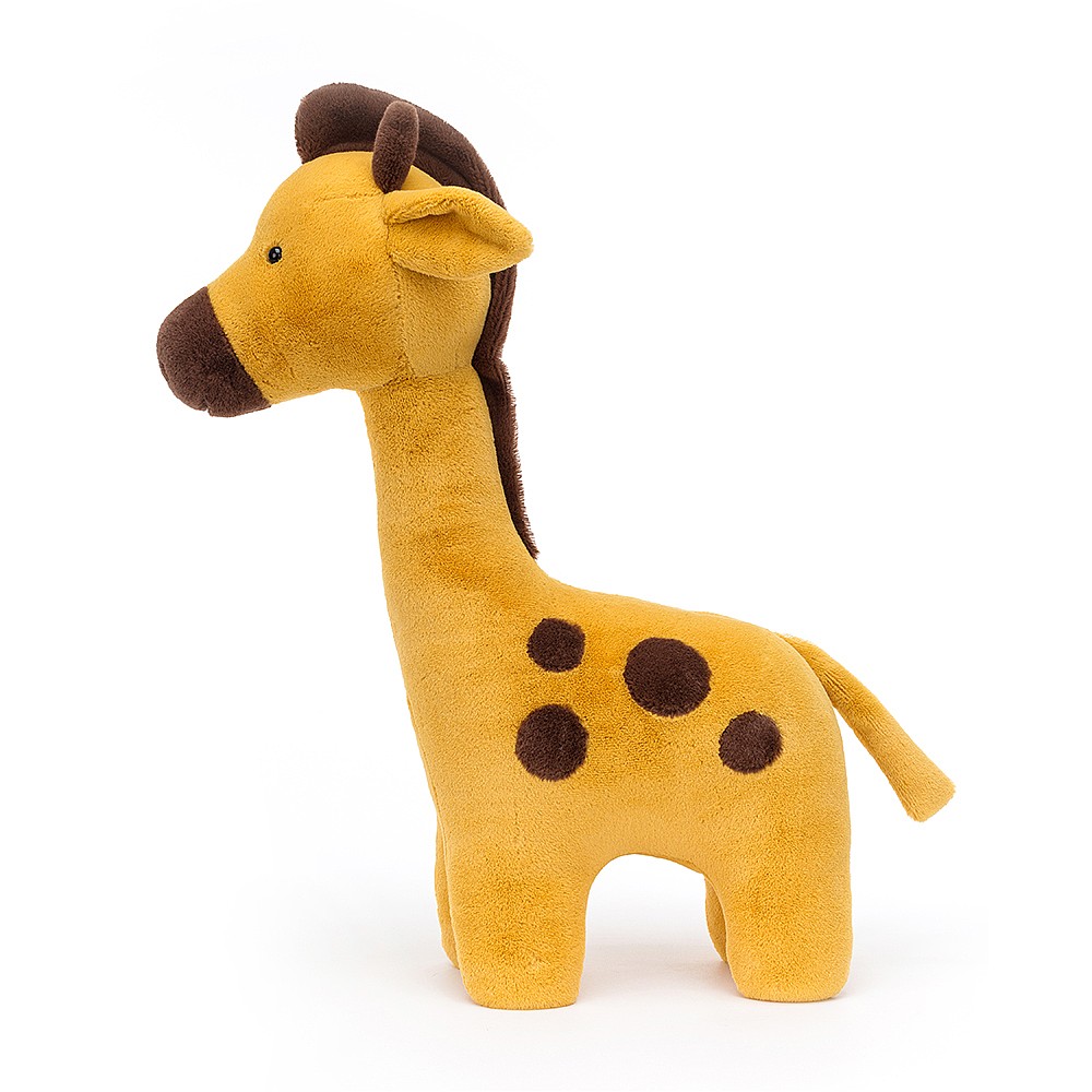 Jellycat plush toy giraffe Spottie Big, yellow plush toy with brown spots, side view