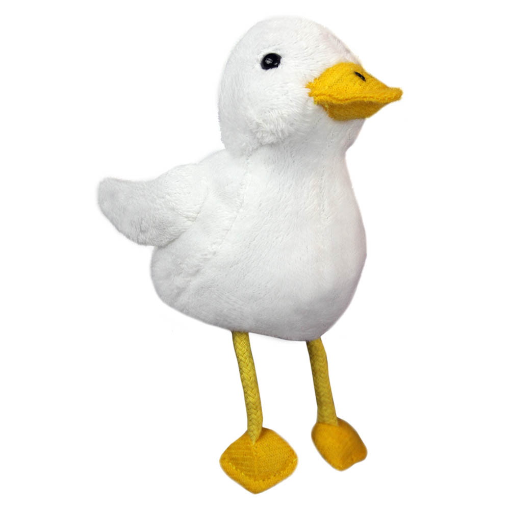 The Puppet Company finger puppet duck, white duck with a yellow beak and long fabric legs