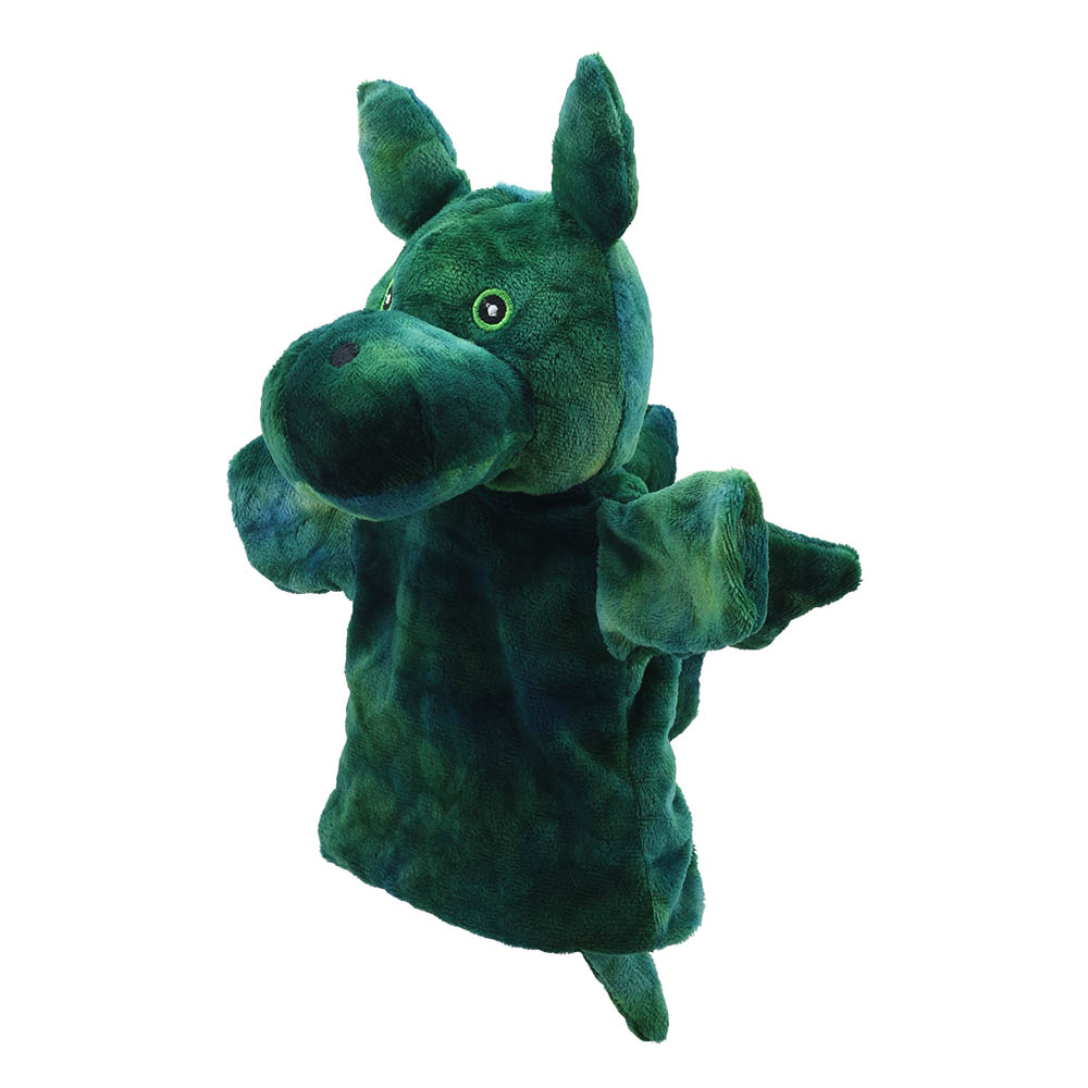The Puppet Company baby hand puppet green dragon, side view showing a wing and elongated head