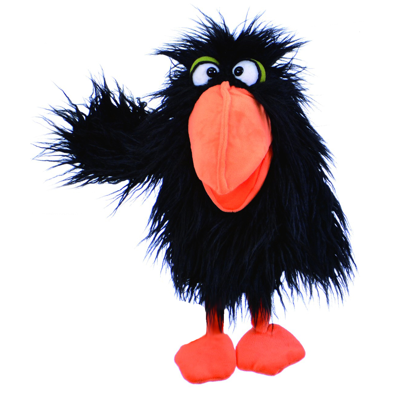 Living Puppets hand puppet Thank You the raven with black shaggy plumage, an orange beak and feet, one wing raised