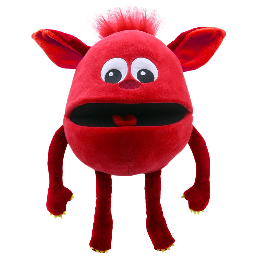 The Puppet Company baby monster hand puppet red, red monster with big ears and a pink nose