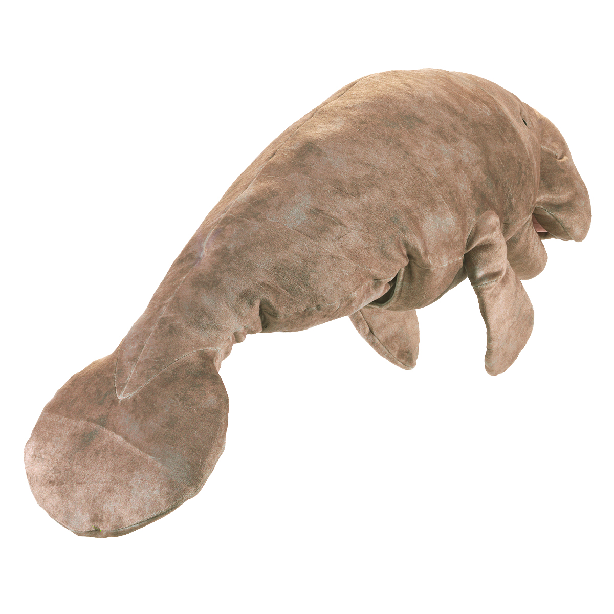 Folkmanis manatee hand puppet in grey-brown plush with characteristic paddle-shaped tail fluke, side view