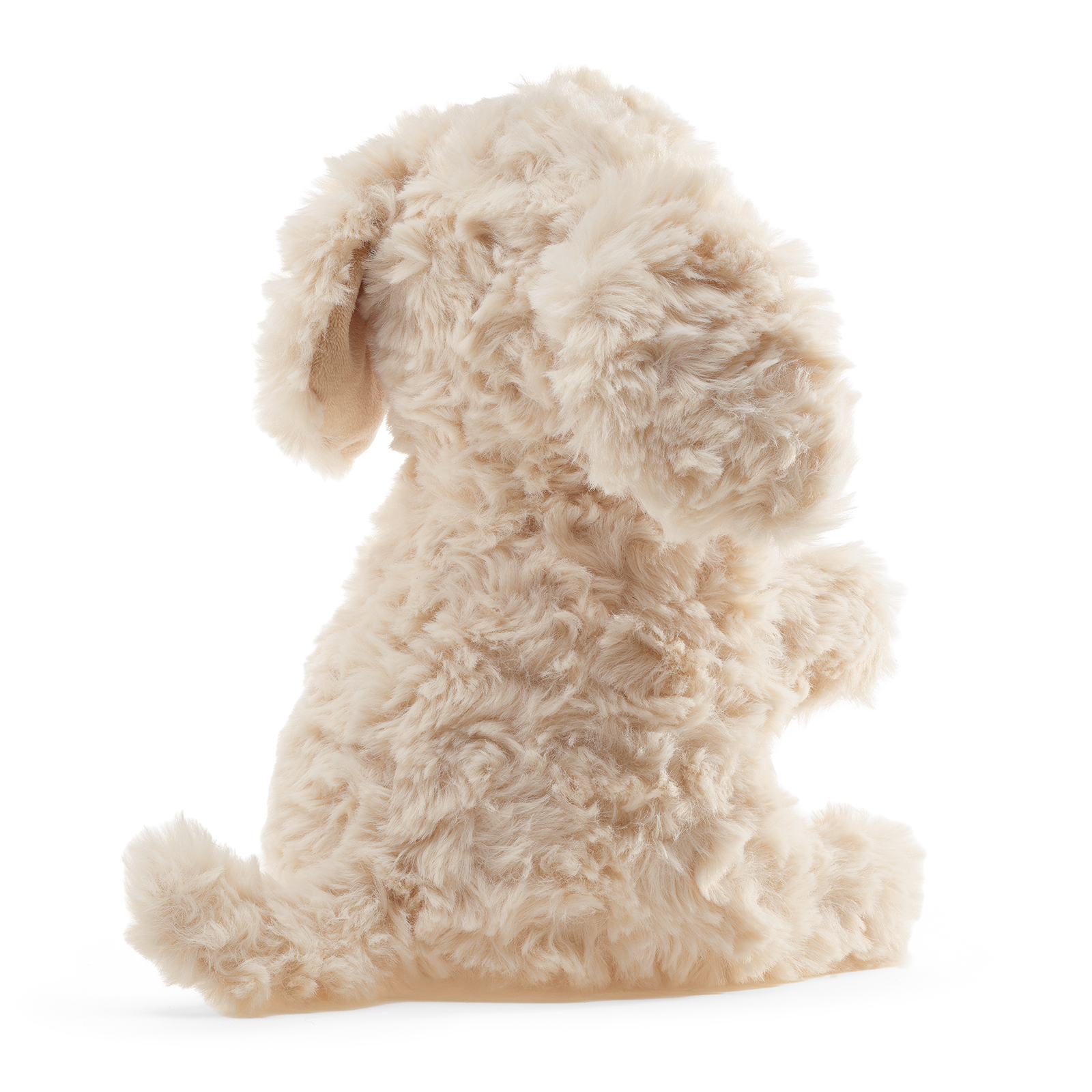 Folkmanis puppy hand puppet seen from behind, with dense curly fur and one ear standing up.