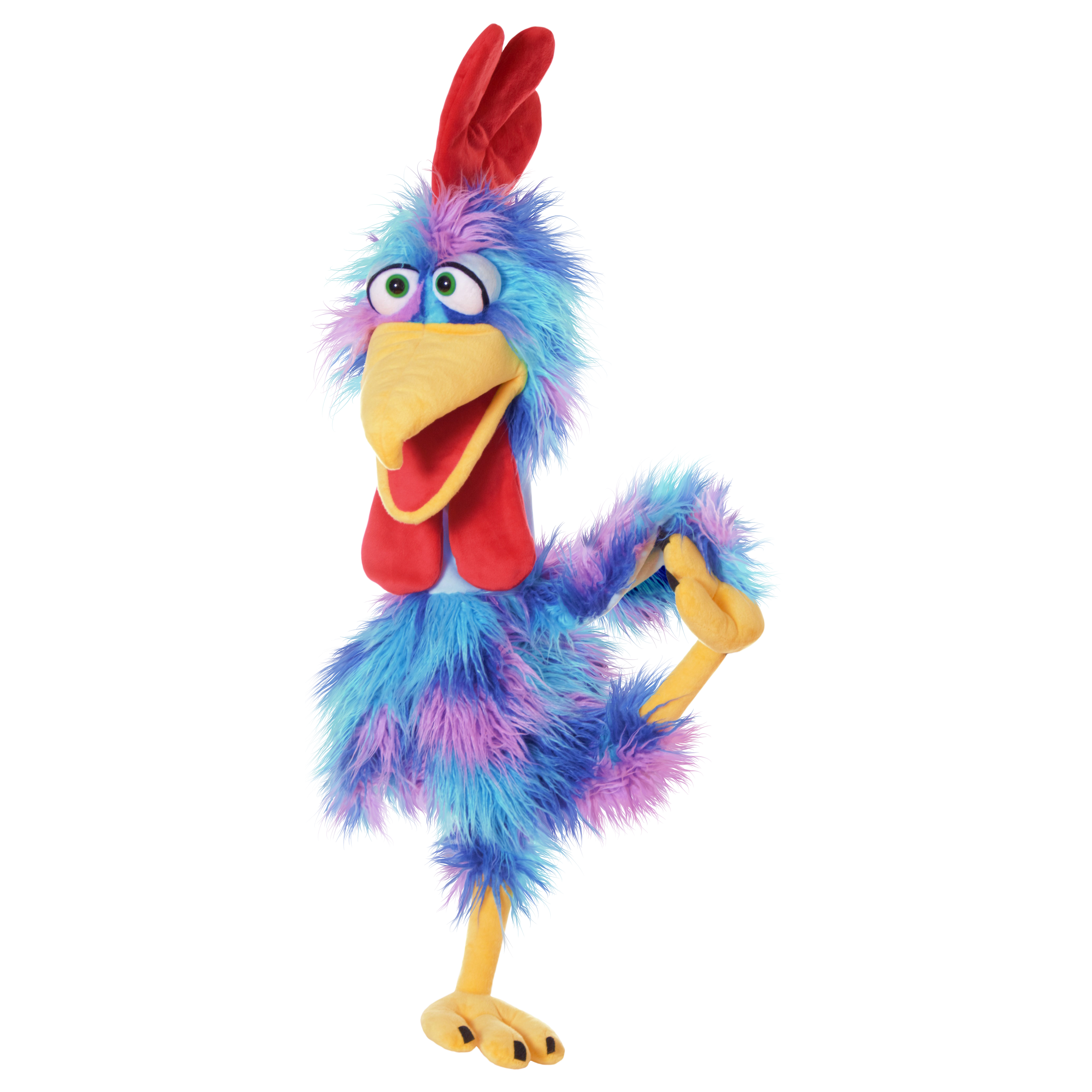 Living Puppets Sir Theo von Gockel hand puppet, shaggy blue and purple rooster with red comb, yellow beak and one leg raised, full-length view