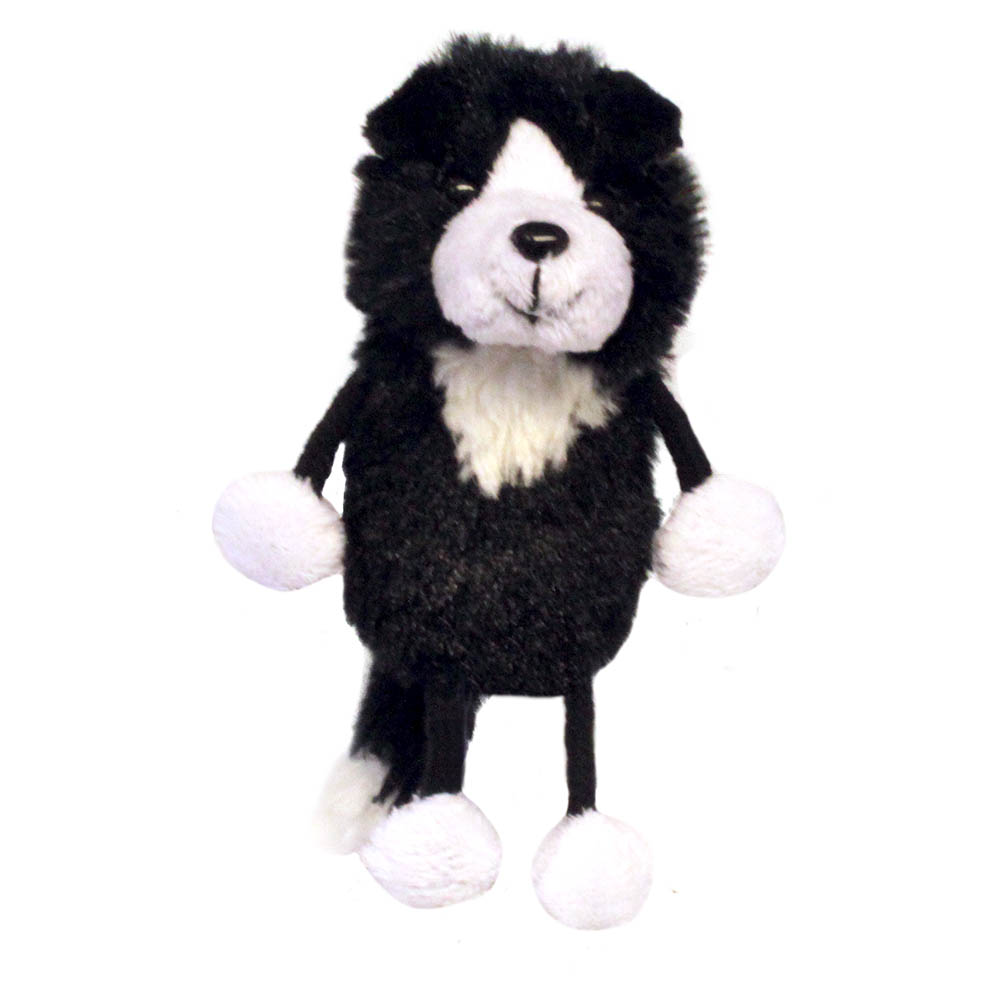 The Puppet Company finger puppet border collie, black and white dog with long fabric legs