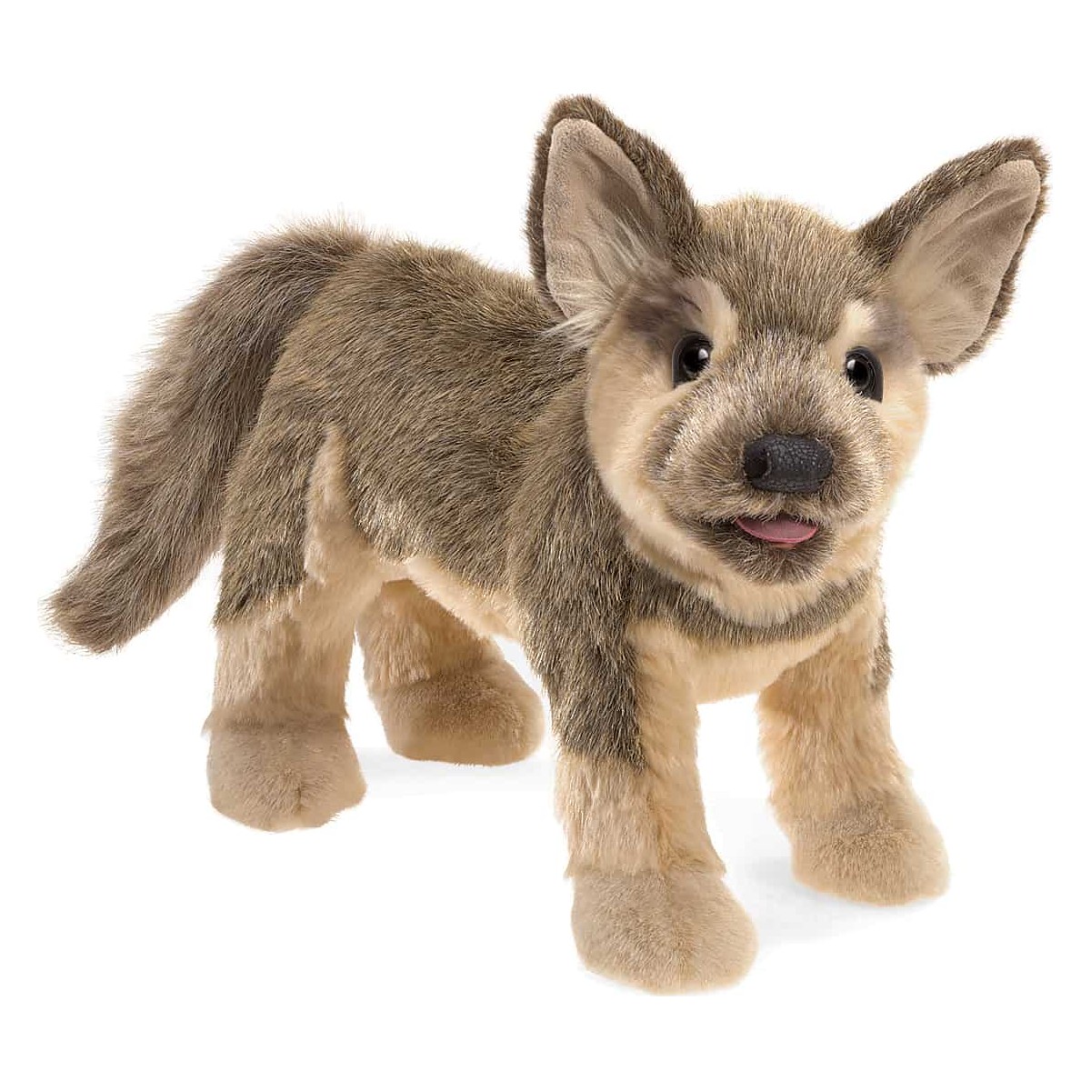 Folkmanis German Shepherd puppy hand puppet in brown and beige, standing, with tongue out, angled view